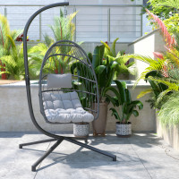 Flash Furniture SDA-AD608001-GY-GG Cleo Patio Hanging Egg Chair, Wicker Hammock with Soft Seat Cushions & Swing Stand, Indoor/Outdoor Gray Frame-Gray Cushions
